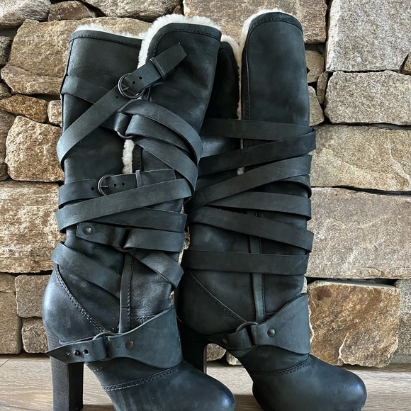 ALLSAINTS “Antigone” Dark Grey Nubuck Suede, Shearling Lined Knee High Boots - Picture 2 of 8